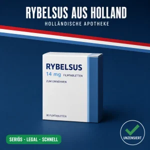 Kompakte weiß-blaue Medikamentenschachtel mit der Aufschrift Rybelsus 14 mg Filmtabletten vor dunkelblauem Hintergrund mit niederländischer Bandarole