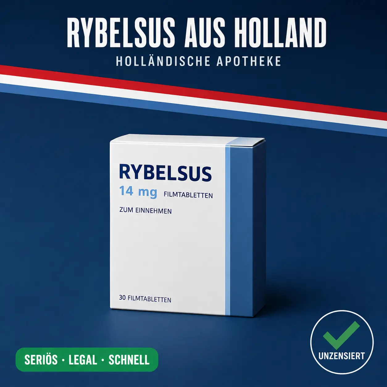 Kompakte weiß-blaue Medikamentenschachtel mit der Aufschrift Rybelsus 14 mg Filmtabletten vor dunkelblauem Hintergrund mit niederländischer Bandarole
