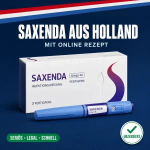 Neutrale Medikamentenschachtel mit der Aufschrift Saxenda 6 mg pro ml Fertigpen vor dunkelblauem Hintergrund mit niederländischer Bandarole
