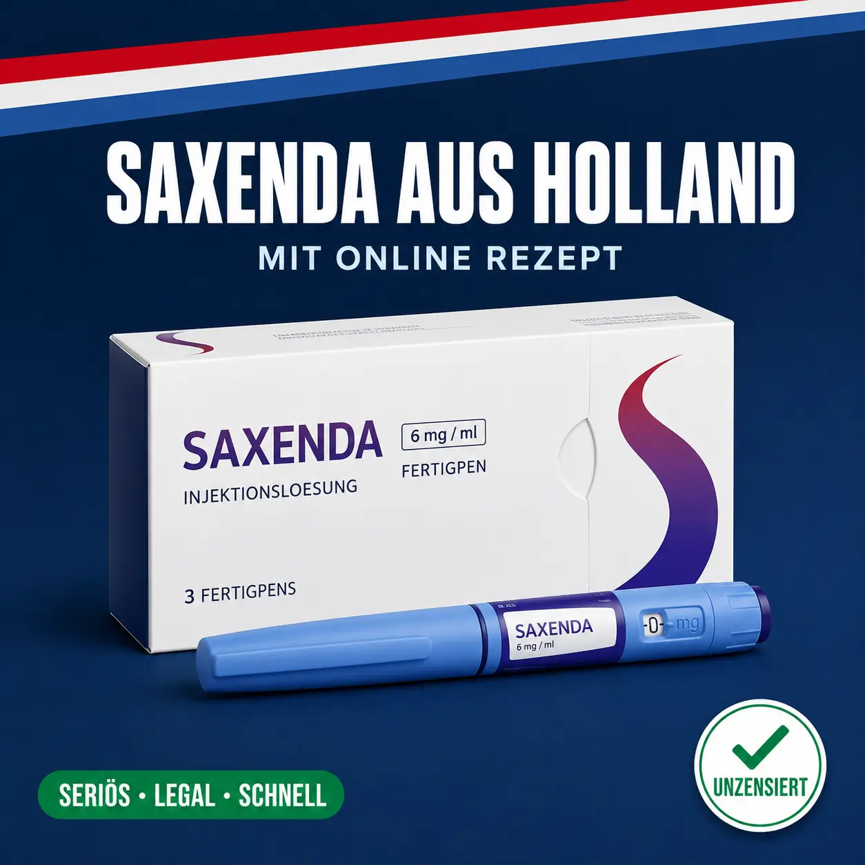 Neutrale Medikamentenschachtel mit der Aufschrift Saxenda 6 mg pro ml Fertigpen vor dunkelblauem Hintergrund mit niederländischer Bandarole