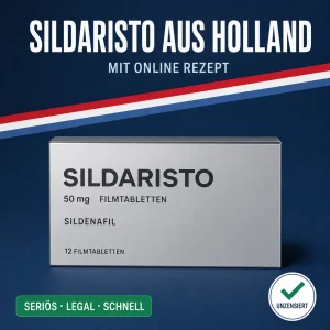 Breite schlichte silbergraue Medikamentenschachtel mit der Aufschrift Sildaristo 50 mg Filmtabletten vor dunkelblauem Hintergrund mit niederländischer Bandarole