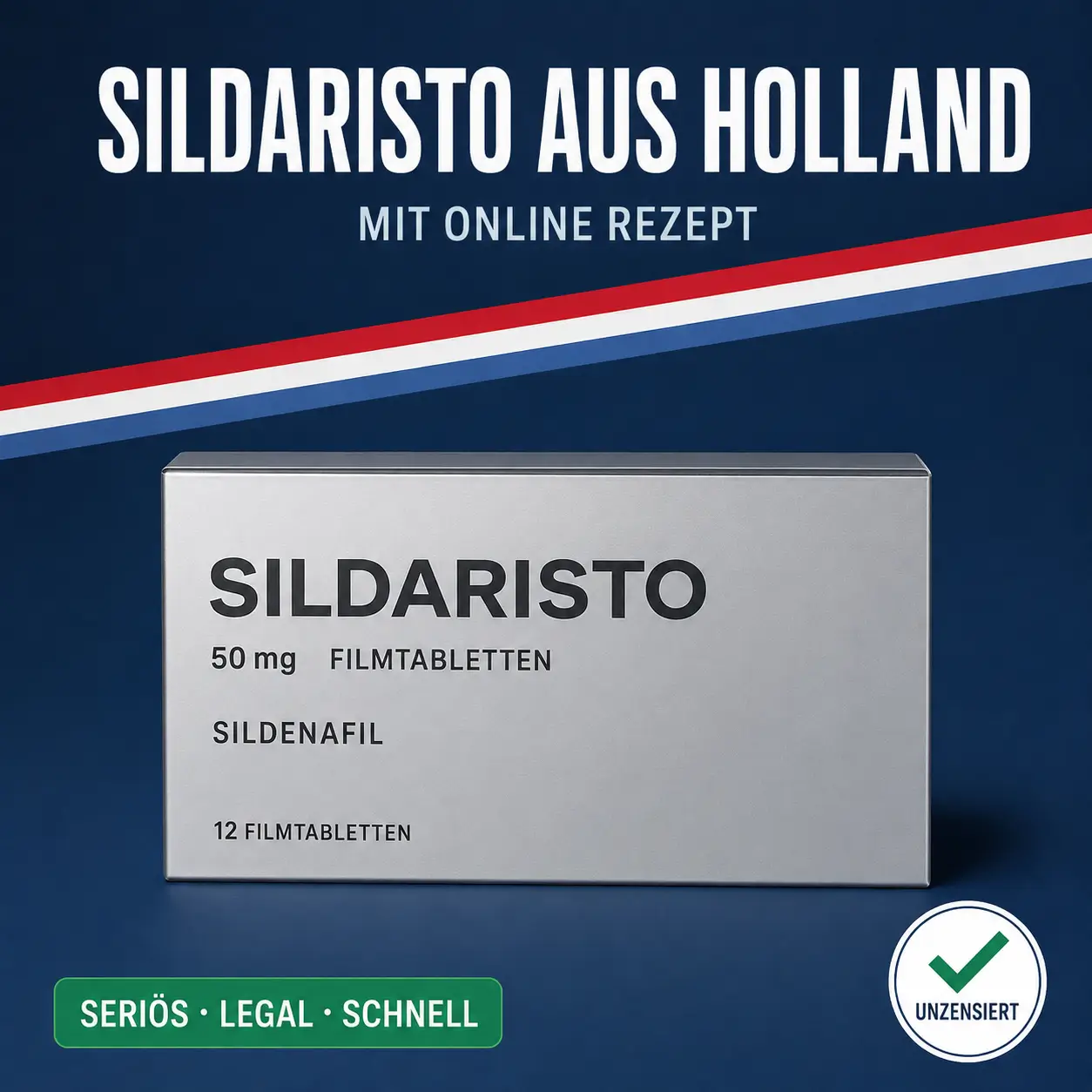 Breite schlichte silbergraue Medikamentenschachtel mit der Aufschrift Sildaristo 50 mg Filmtabletten vor dunkelblauem Hintergrund mit niederländischer Bandarole