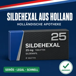 Breite anthrazitfarbene Medikamentenschachtel mit blauem Seitenblock und der Aufschrift SildeHEXAL 25 mg Tabletten vor dunkelblauem Hintergrund mit niederländischer Bandarole