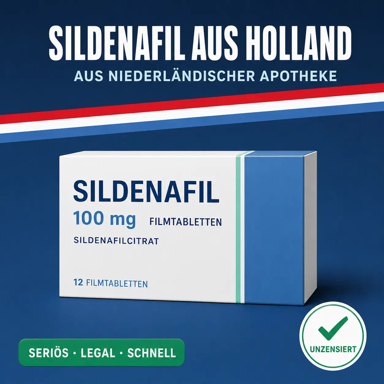 Schlichte weiß-blaue Medikamentenschachtel mit der Aufschrift Sildenafil 100 mg Filmtabletten vor dunkelblauem Hintergrund mit niederländischer Bandarole
