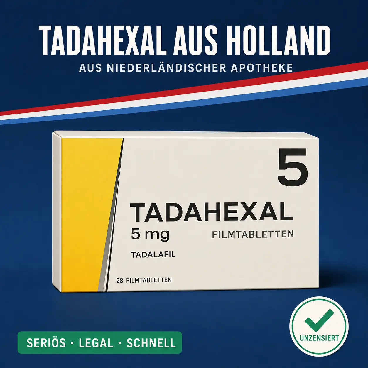 Breite creme-gelbe Medikamentenschachtel mit der Aufschrift TadaHEXAL 5 mg Filmtabletten vor dunkelblauem Hintergrund mit niederländischer Bandarole