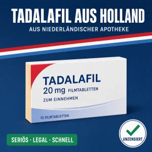 Schlichte weiß-gelbe Medikamentenschachtel mit der Aufschrift Tadalafil 20 mg Filmtabletten vor dunkelblauem Hintergrund mit niederländischer Bandarole
