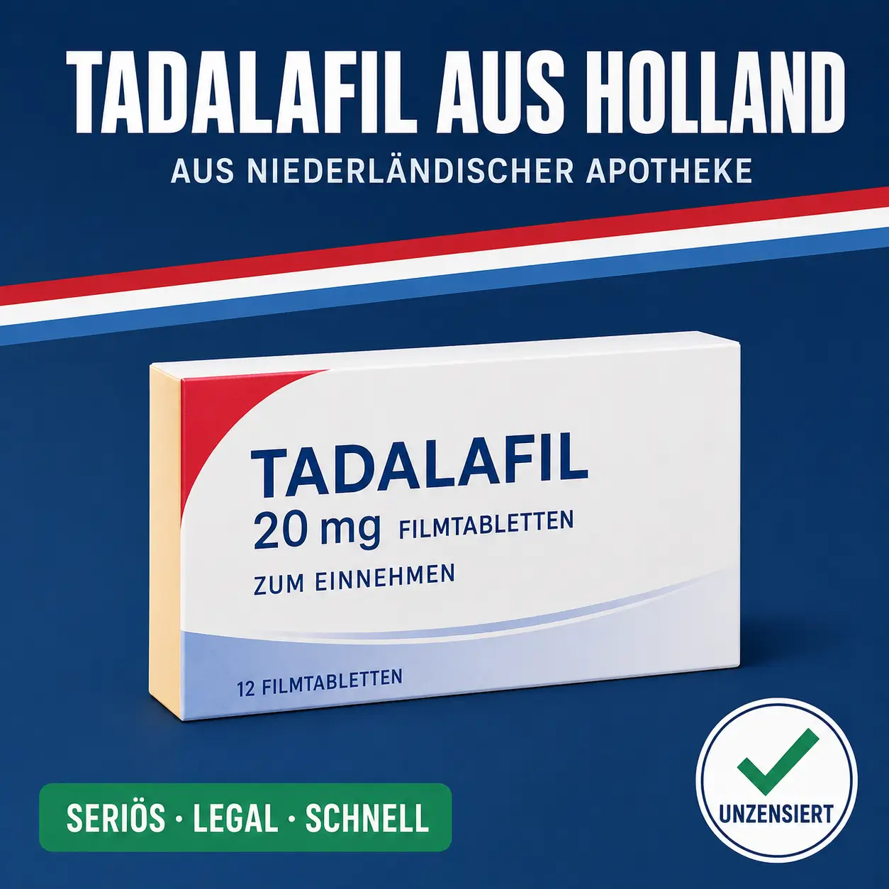 Schlichte weiß-gelbe Medikamentenschachtel mit der Aufschrift Tadalafil 20 mg Filmtabletten vor dunkelblauem Hintergrund mit niederländischer Bandarole