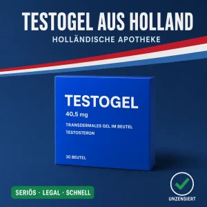 Quadratische königsblaue Medikamentenschachtel mit der Aufschrift Testogel 40,5 mg transdermales Gel vor dunkelblauem Hintergrund mit niederländischer Bandarole