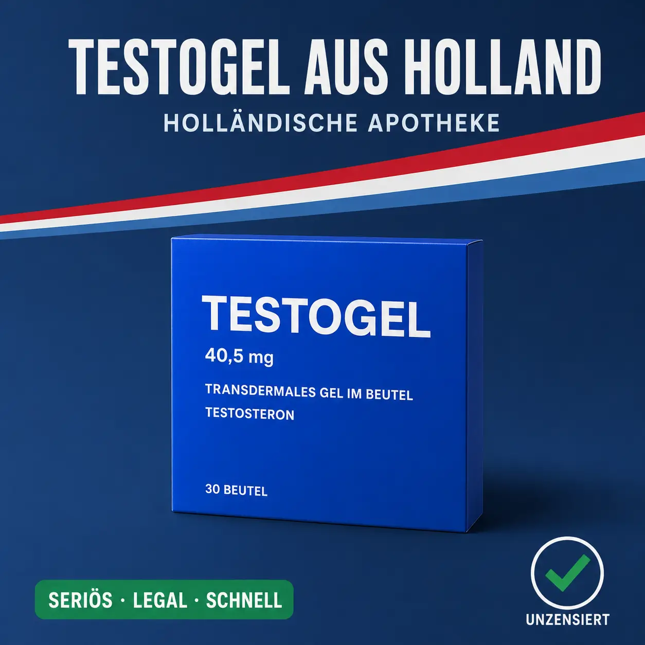 Quadratische königsblaue Medikamentenschachtel mit der Aufschrift Testogel 40,5 mg transdermales Gel vor dunkelblauem Hintergrund mit niederländischer Bandarole