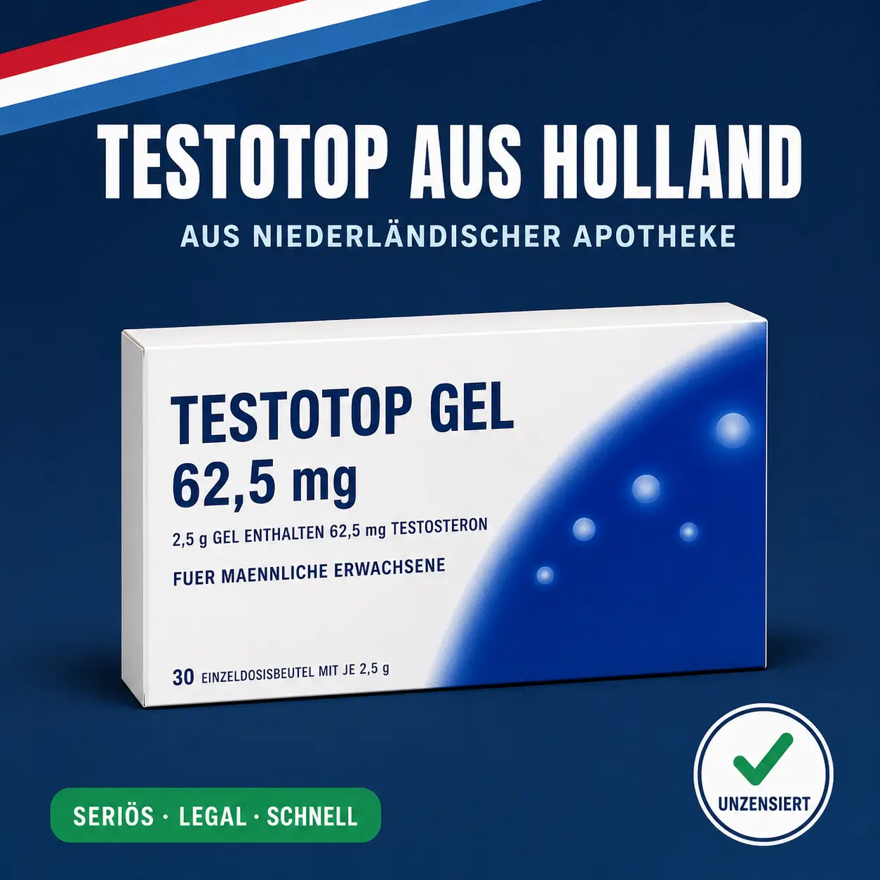 Breite weiß-blaue Medikamentenschachtel mit der Aufschrift Testotop Gel 62,5 mg und 30 Einzeldosisbeutel vor dunkelblauem Hintergrund mit niederländischer Bandarole
