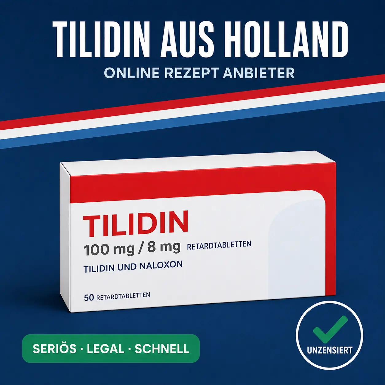 Aufrechte weiß-grüne Medikamentenschachtel mit der Aufschrift Tilidin 100 mg 8 mg Retardtabletten vor dunkelblauem Hintergrund mit niederländischer Bandarole
