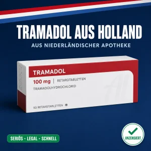 Schmale weiß-bordeauxrote Medikamentenschachtel mit der Aufschrift Tramadol 100 mg Retardtabletten vor dunkelblauem Hintergrund mit niederländischer Bandarole