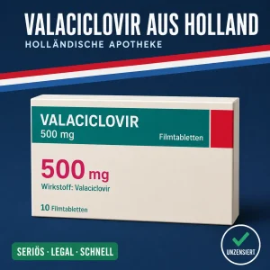 Valaciclovir 500 mg Filmtabletten Packung mit petrolgrünem Textfeld vor dunkelblauem Hintergrund mit niederländischer Bandarole