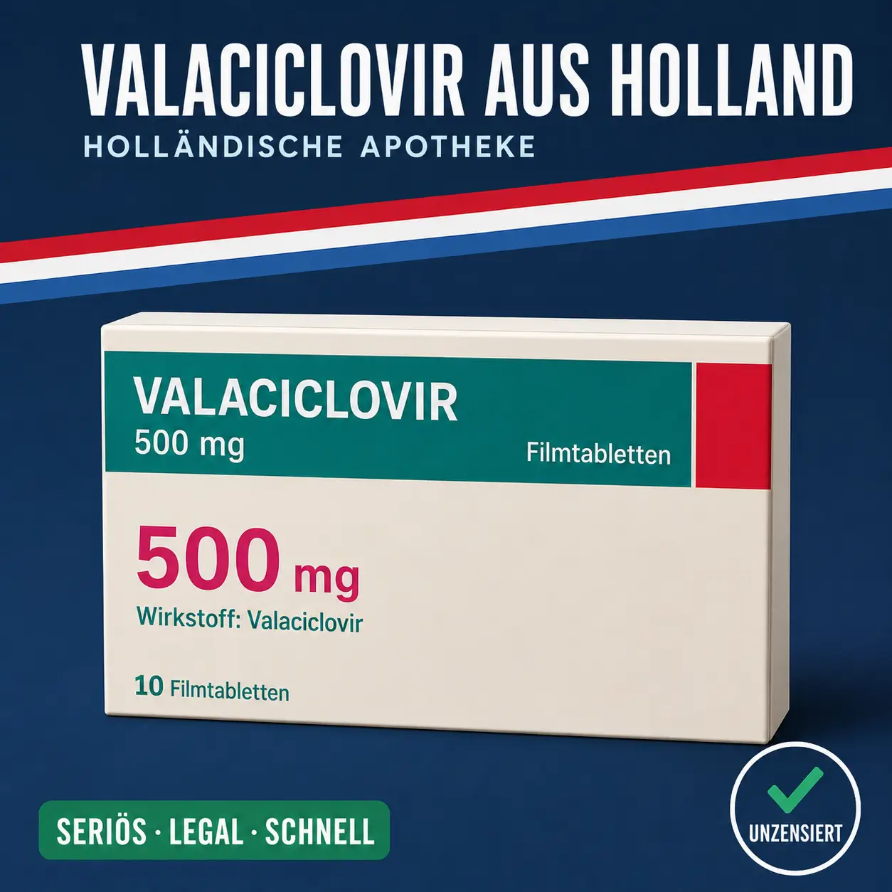 Valaciclovir 500 mg Filmtabletten Packung mit petrolgrünem Textfeld vor dunkelblauem Hintergrund mit niederländischer Bandarole