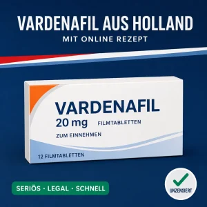 Schlichte weiß-orange Medikamentenschachtel mit der Aufschrift Vardenafil 20 mg Filmtabletten vor dunkelblauem Hintergrund mit niederländischer Bandarole