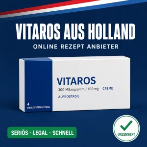 Breite weiß-blaue Medikamentenschachtel mit der Aufschrift Vitaros 300 Mikrogramm Creme vor dunkelblauem Hintergrund mit niederländischer Bandarole