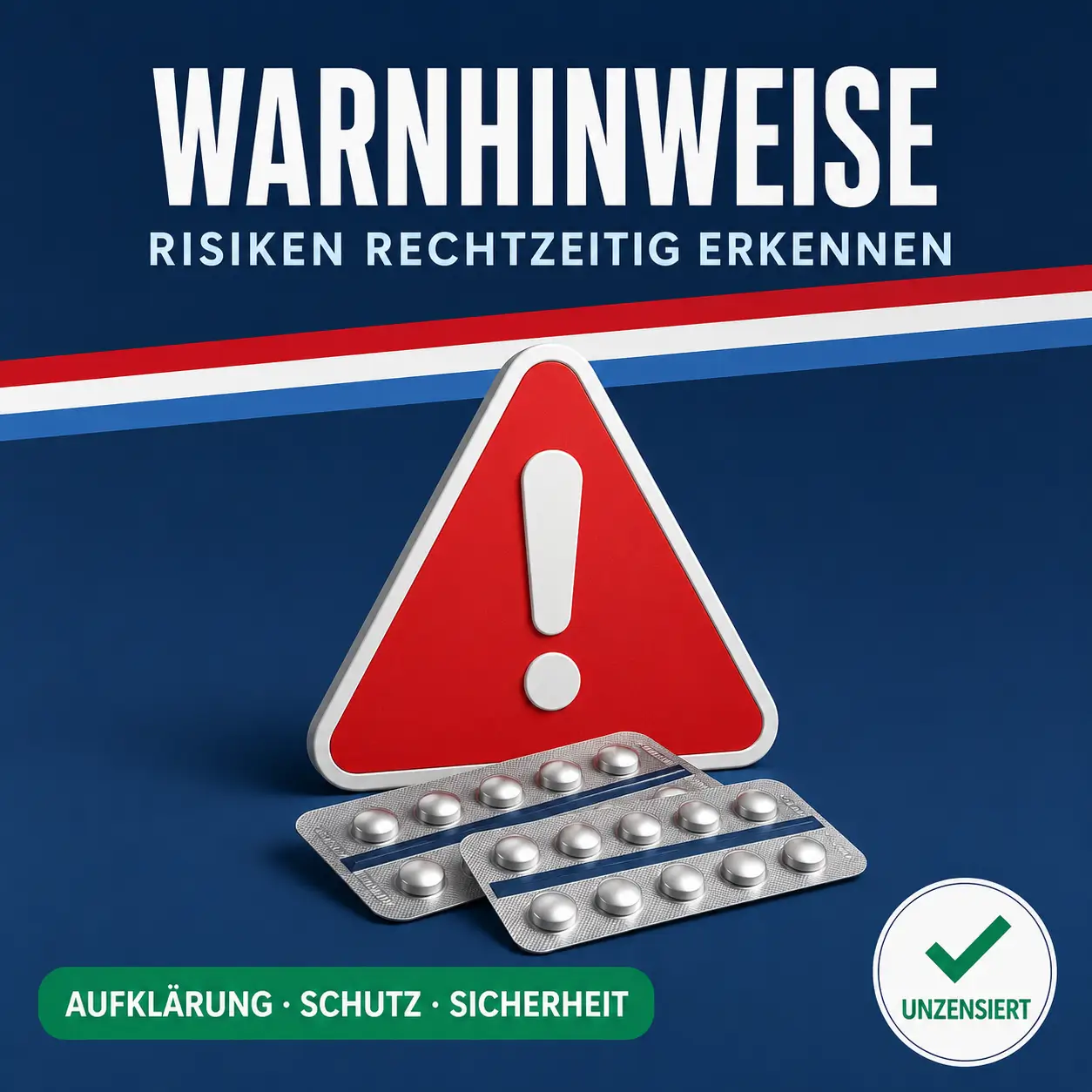 Warndreieck mit Tablettenblistern als Symbol für Risiken bei Medikamenten und Online-Bestellungen