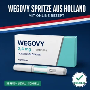 Breite weiß-türkise Medikamentenschachtel mit der Aufschrift Wegovy 2,4 mg Fertigpen vor dunkelblauem Hintergrund mit niederländischer Bandarole