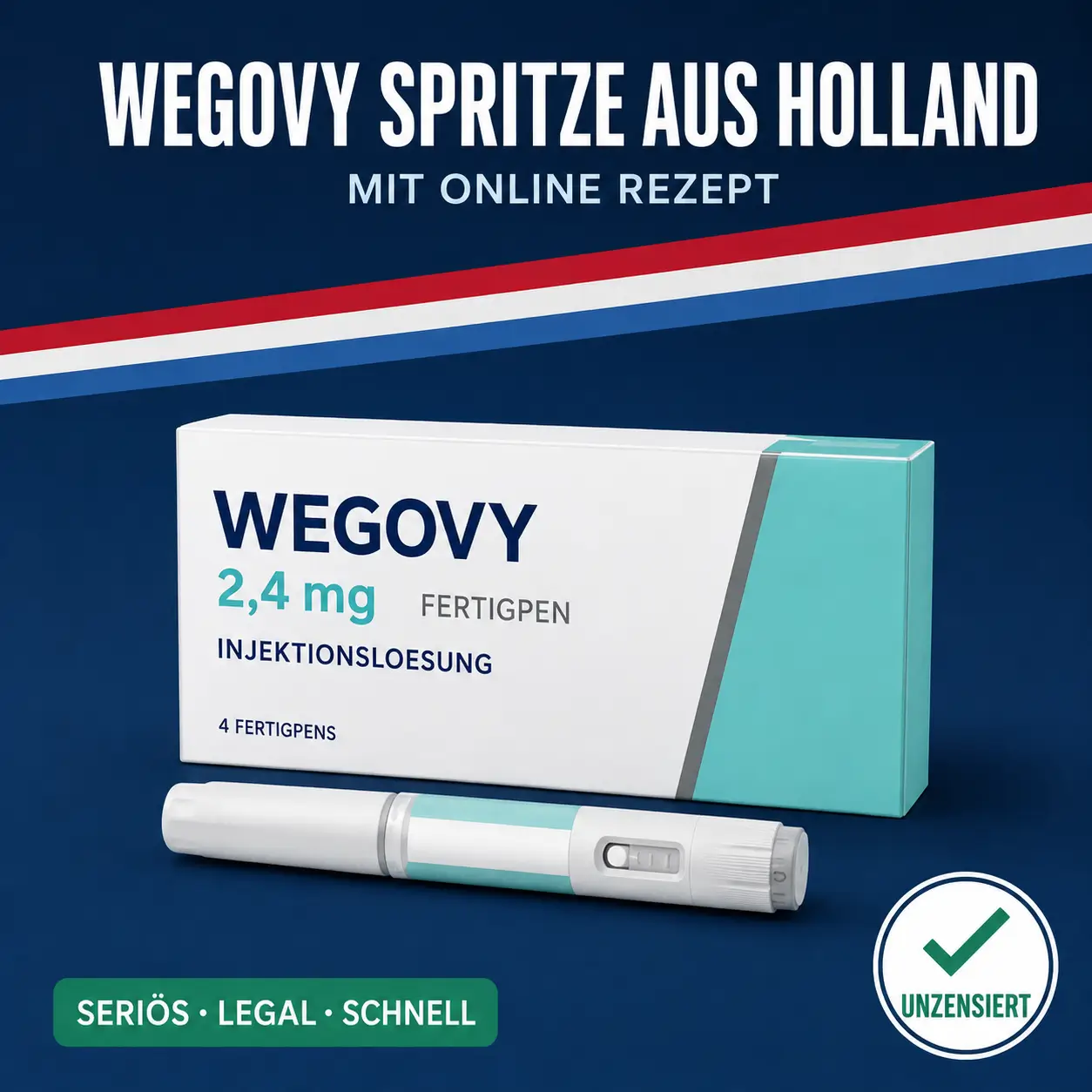 Breite weiß-türkise Medikamentenschachtel mit der Aufschrift Wegovy 2,4 mg Fertigpen vor dunkelblauem Hintergrund mit niederländischer Bandarole