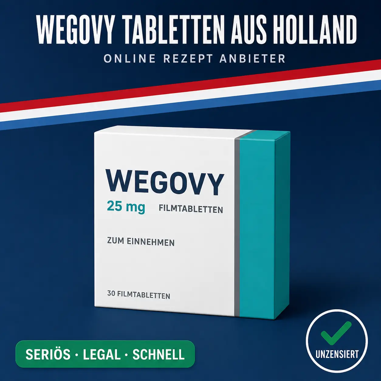 Kompakte weiß-türkise Medikamentenschachtel mit der Aufschrift Wegovy 25 mg Filmtabletten vor dunkelblauem Hintergrund mit niederländischer Bandarole