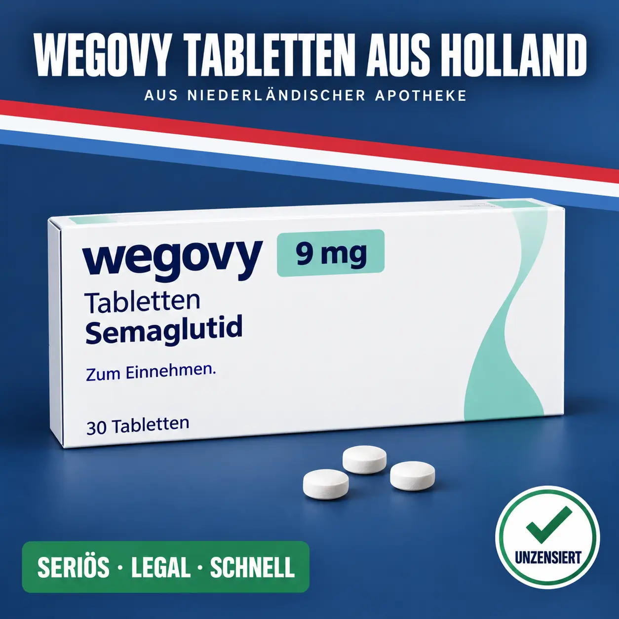 Wegovy Tabletten 9 mg Verpackung mit drei weißen Tabletten vor dunkelblauem Hintergrund mit niederländischer Bandarole