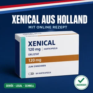 Aufrechte weiß-blaue Medikamentenschachtel mit der Aufschrift Xenical 120 mg Hartkapseln vor dunkelblauem Hintergrund mit niederländischer Bandarole