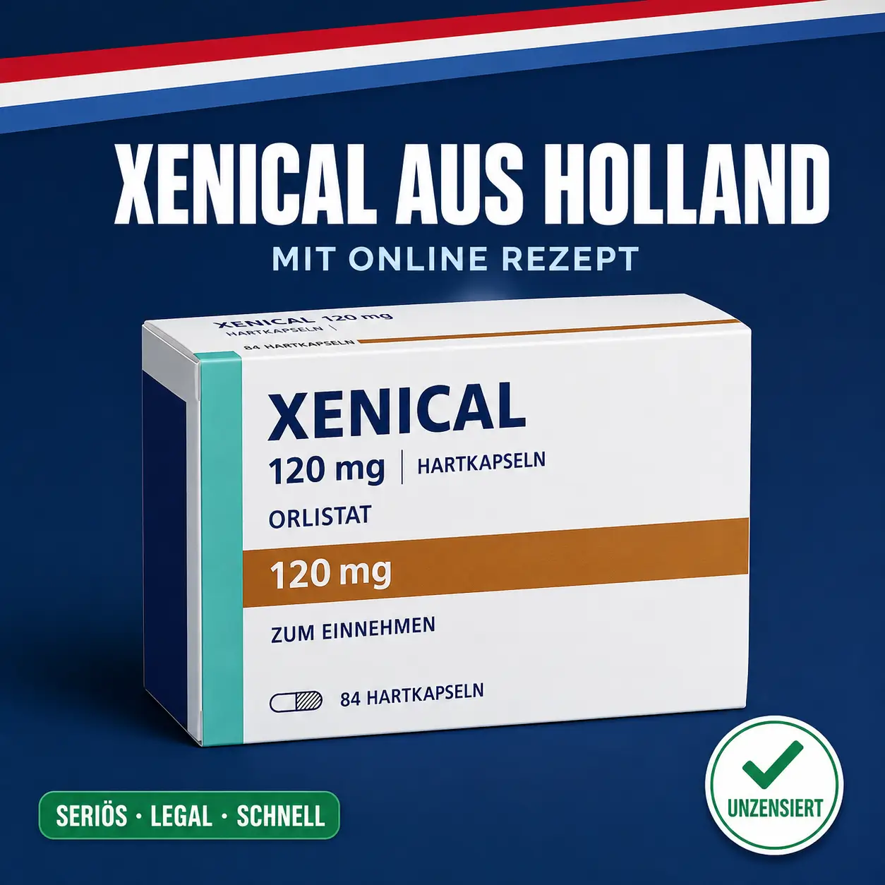 Aufrechte weiß-blaue Medikamentenschachtel mit der Aufschrift Xenical 120 mg Hartkapseln vor dunkelblauem Hintergrund mit niederländischer Bandarole