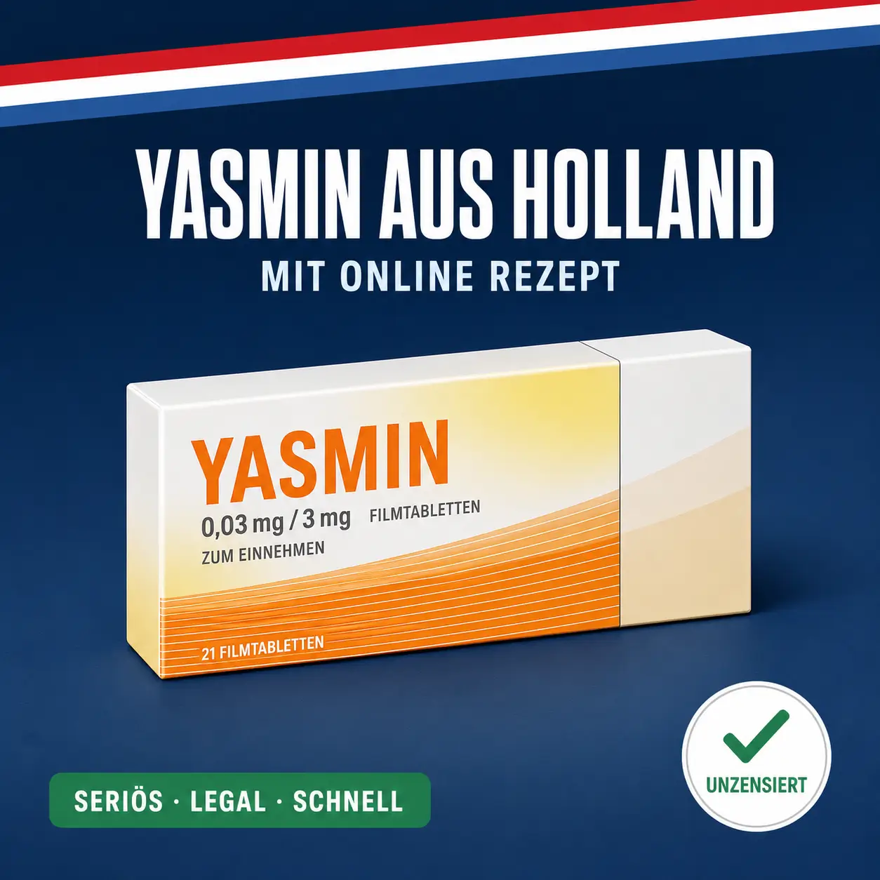 Kleine neutrale Medikamentenschachtel mit der Aufschrift Yasmin Filmtabletten vor dunkelblauem Hintergrund mit niederländischer Bandarole