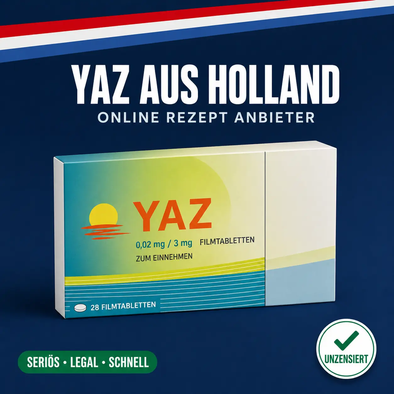 Kleine neutrale Medikamentenschachtel mit der Aufschrift YAZ Filmtabletten vor dunkelblauem Hintergrund mit niederländischer Bandarole