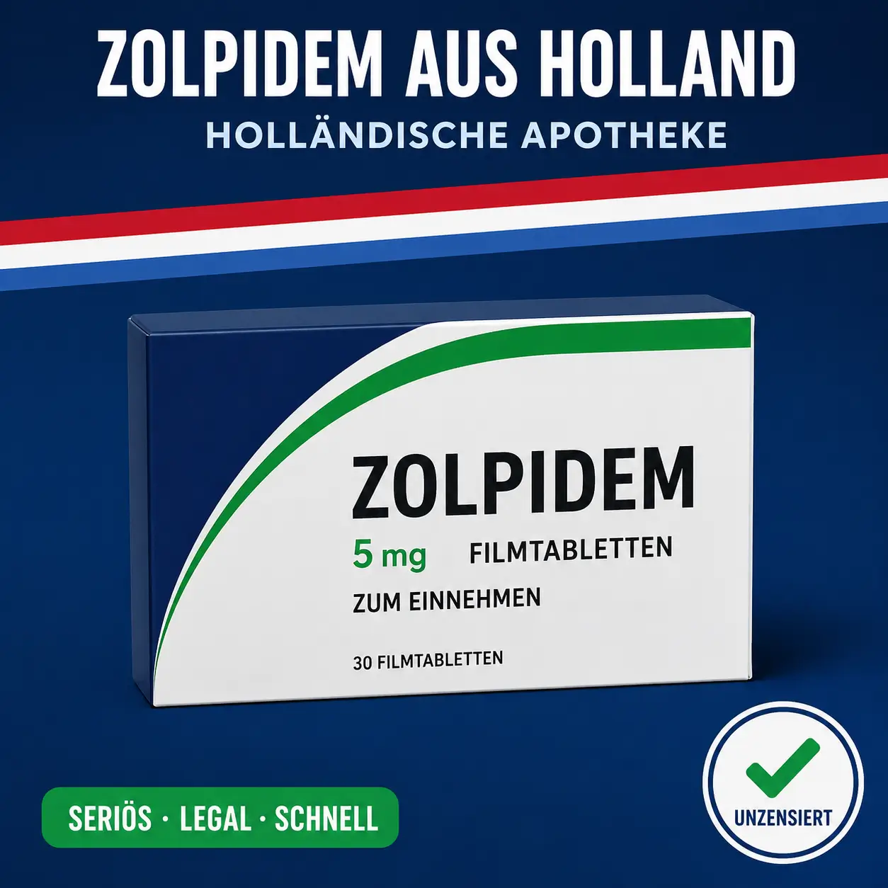 Breite weiß-blaue Medikamentenschachtel mit der Aufschrift Zolpidem 5 mg Filmtabletten vor dunkelblauem Hintergrund mit niederländischer Bandarole