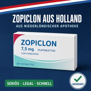 Breite weiß-türkise Medikamentenschachtel mit der Aufschrift Zopiclon 7,5 mg Filmtabletten vor dunkelblauem Hintergrund mit niederländischer Bandarole