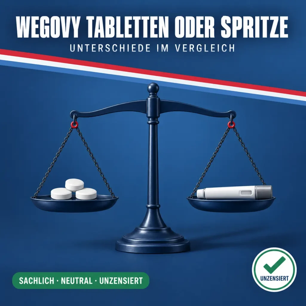 Balkenwaage mit Tabletten in der einen und Injektionspen in der anderen Schale vor dunkelblauem Hintergrund mit niederländischer Bandarole