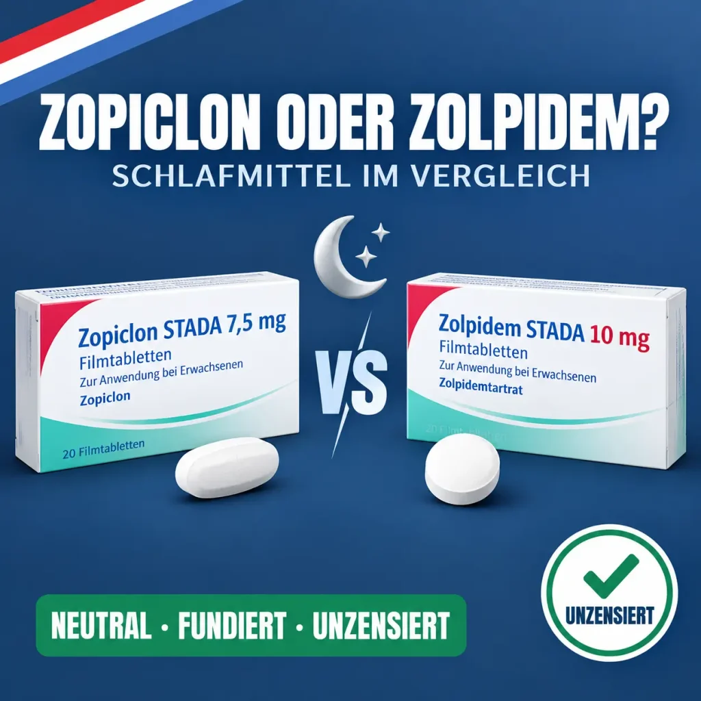 Zopiclon oder Zolpidem: Balkenwaage mit zwei Schlaftabletten auf gleicher Höhe und Halbmond vor dunkelblauem Hintergrund