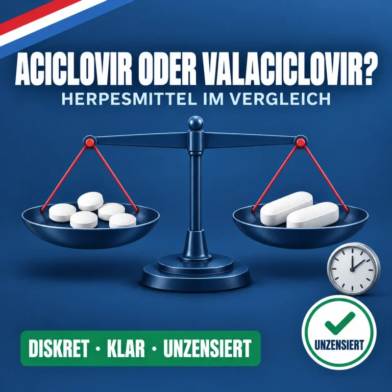 Aciclovir oder Valaciclovir: Balkenwaage mit fünf kleinen und zwei größeren Tabletten auf gleicher Höhe, daneben ein Ziffernblatt vor dunkelblauem Hintergrund