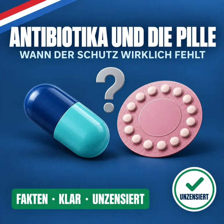 Antibiotika und die Pille: zweifarbige Kapsel neben rosafarbenem Pillenblister mit Fragezeichen vor dunkelblauem Hintergrund