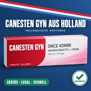 Canesten GYN Once Kombipackung mit Vaginaltablette und Creme vor dunkelblauem Hintergrund mit niederländischer Bandarole