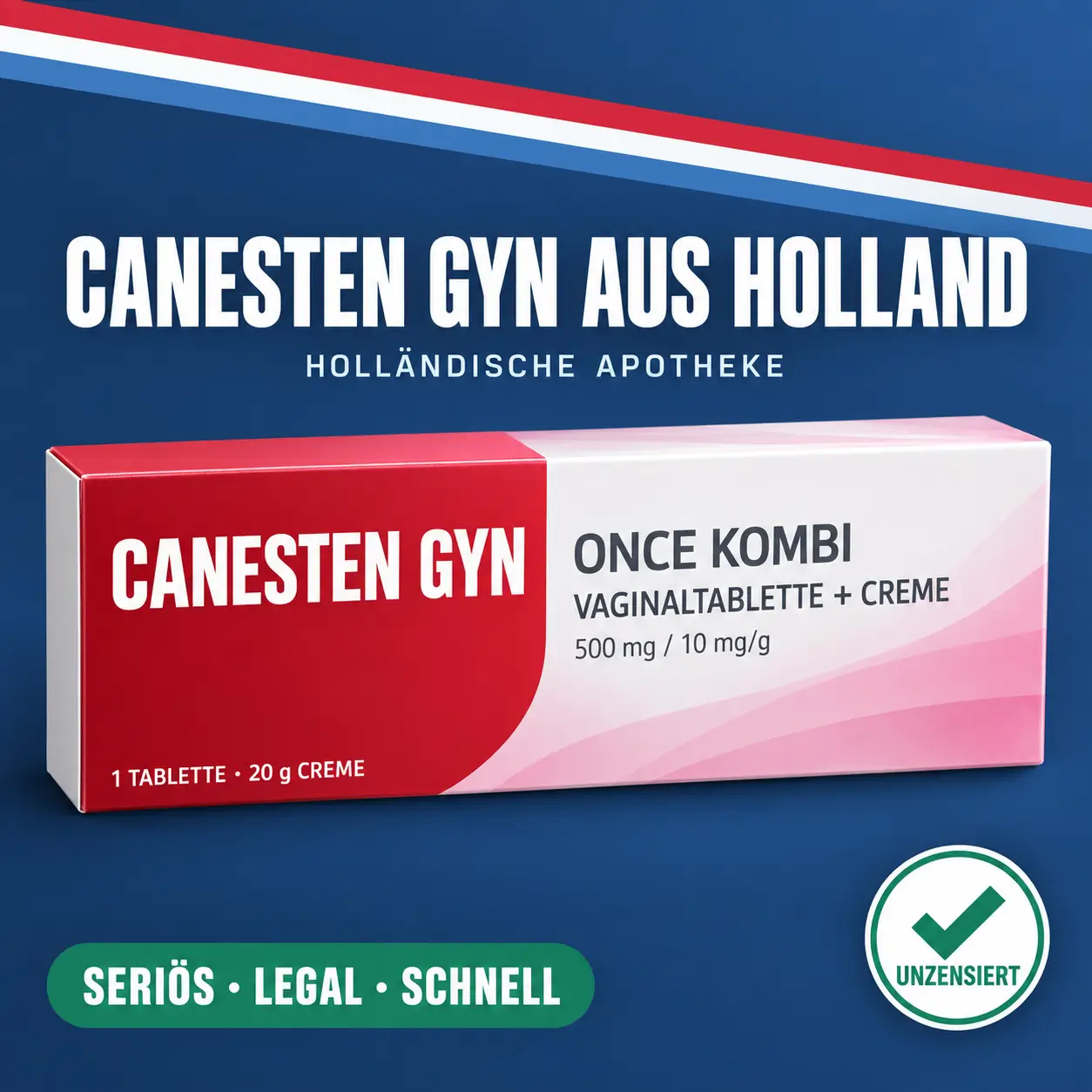 Canesten GYN Once Kombipackung mit Vaginaltablette und Creme vor dunkelblauem Hintergrund mit niederländischer Bandarole