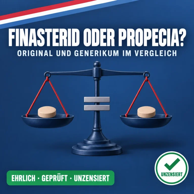 Finasterid oder Propecia: Balkenwaage mit zwei identischen Tabletten auf gleicher Höhe und Gleichheitszeichen vor dunkelblauem Hintergrund