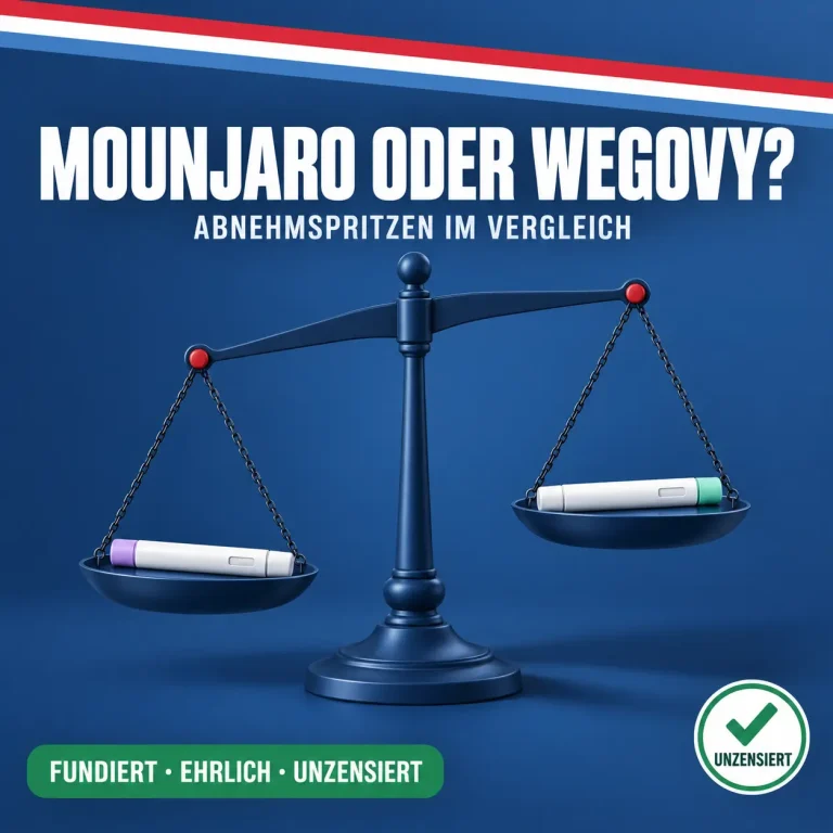 Mounjaro oder Wegovy: Balkenwaage mit zwei Injektionspens, die linke Schale hängt tiefer, vor dunkelblauem Hintergrund