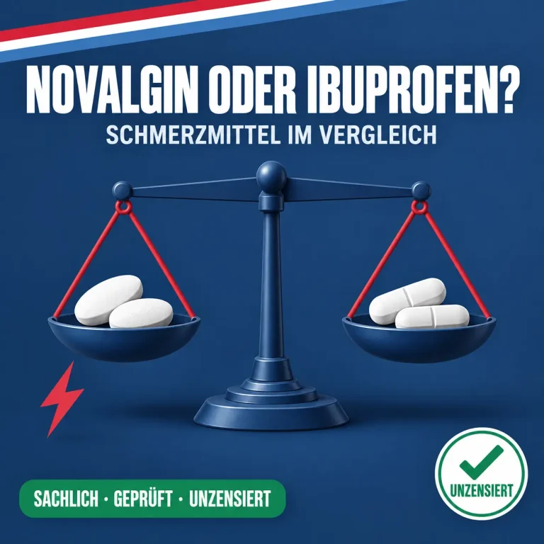 Novalgin oder Ibuprofen: Balkenwaage mit zwei Sorten Schmerztabletten auf gleicher Höhe und rotem Schmerz-Blitz vor dunkelblauem Hintergrund