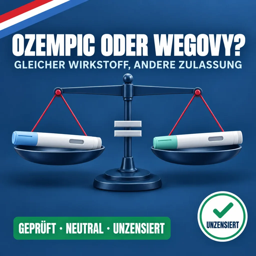 Ozempic oder Wegovy: Balkenwaage mit zwei identischen Injektionspens auf gleicher Höhe und Gleichheitszeichen vor dunkelblauem Hintergrund