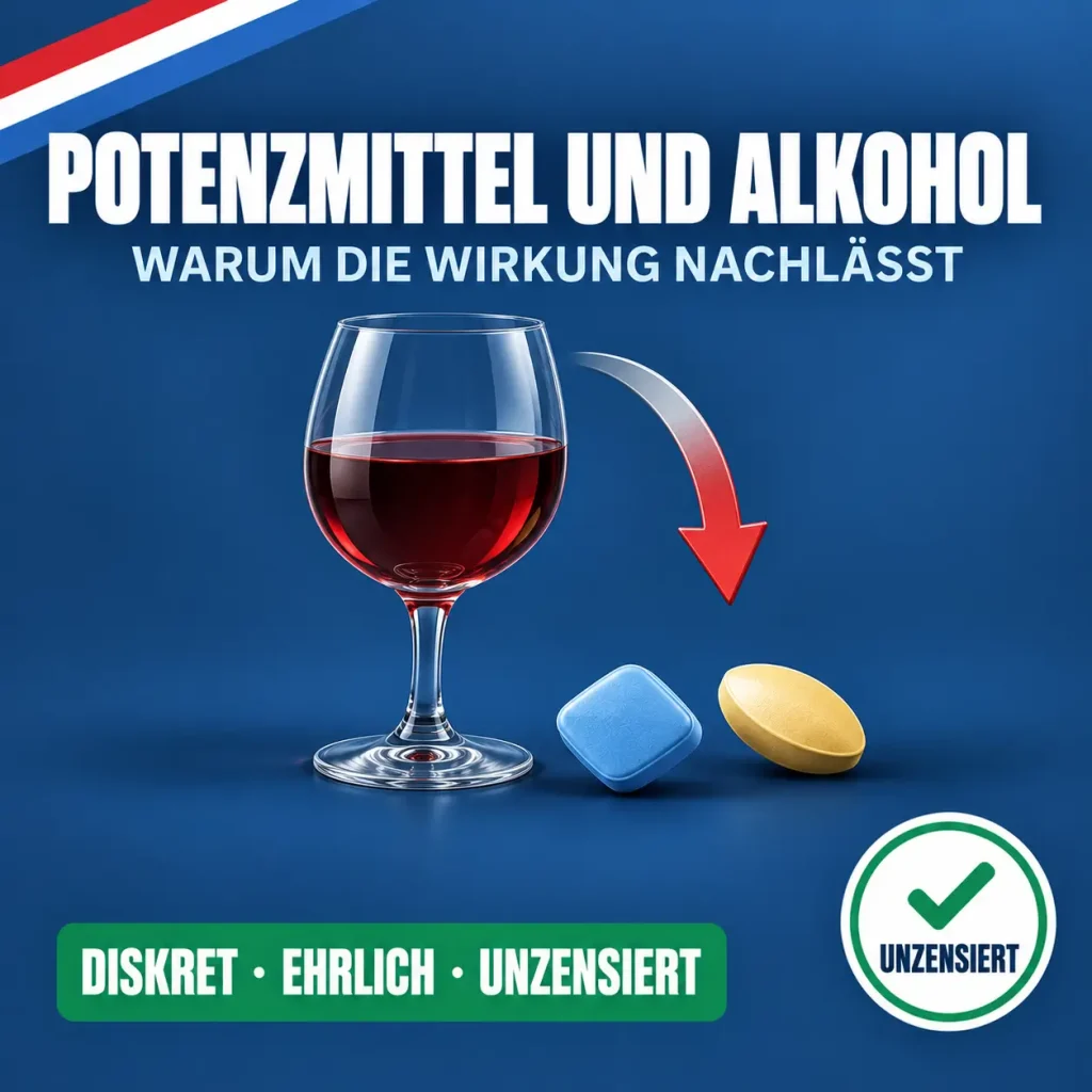 Potenzmittel und Alkohol: Weinglas neben blauer und gelber Tablette mit abwärts gerichtetem Pfeil vor dunkelblauem Hintergrund