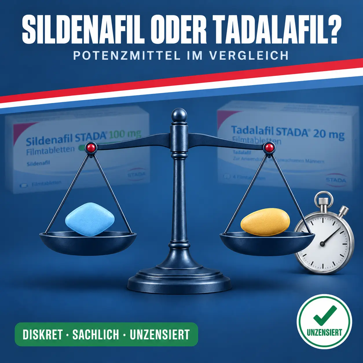 Sildenafil oder Tadalafil: Balkenwaage mit blauer und gelber Tablette auf gleicher Höhe, daneben eine Stoppuhr vor dunkelblauem Hintergrund