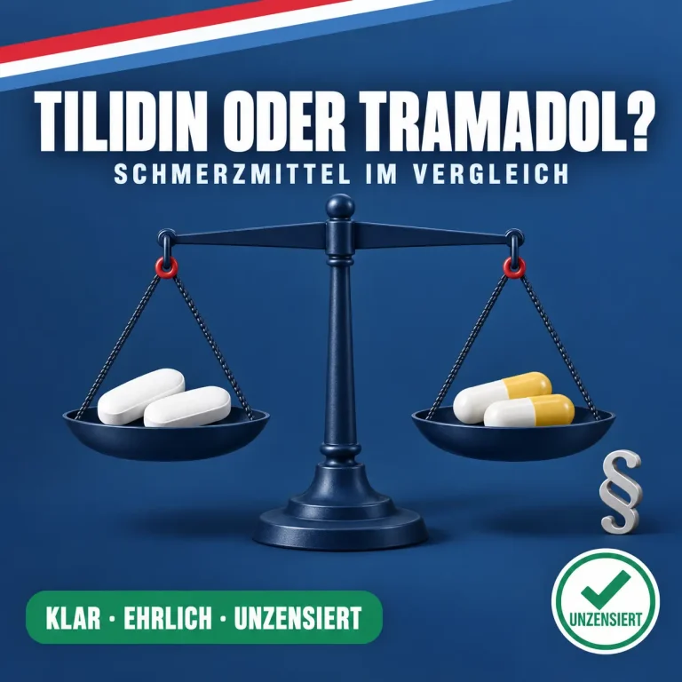 Tilidin oder Tramadol: Balkenwaage mit Retardtabletten und Kapseln auf gleicher Höhe, daneben ein Paragraphenzeichen vor dunkelblauem Hintergrund