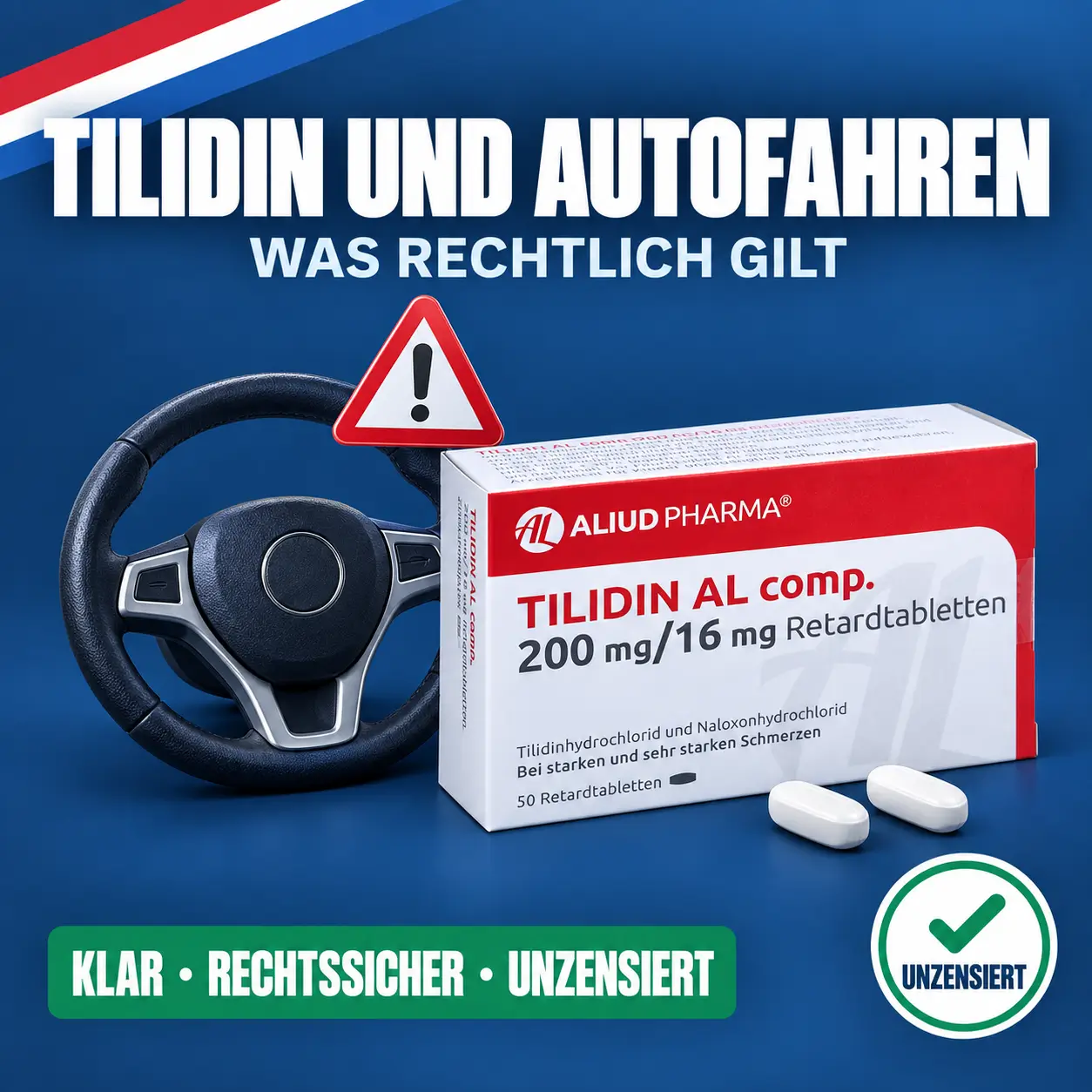 Tilidin und Autofahren: Lenkrad mit zwei Retardtabletten und Warndreieck vor dunkelblauem Hintergrund