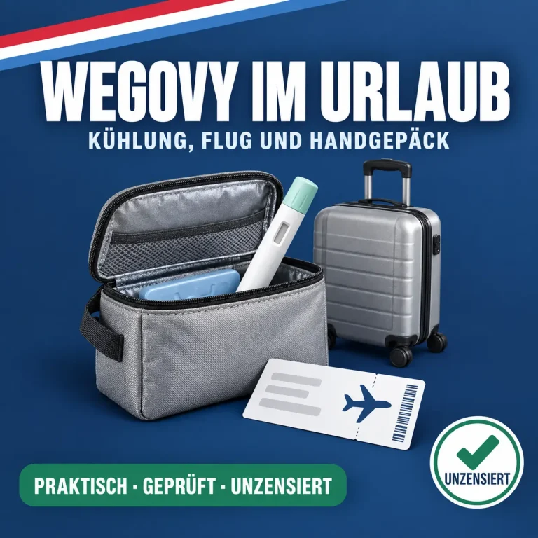 Wegovy im Urlaub: Kühltasche mit Injektionspen, Flugticket und Rollkoffer vor dunkelblauem Hintergrund