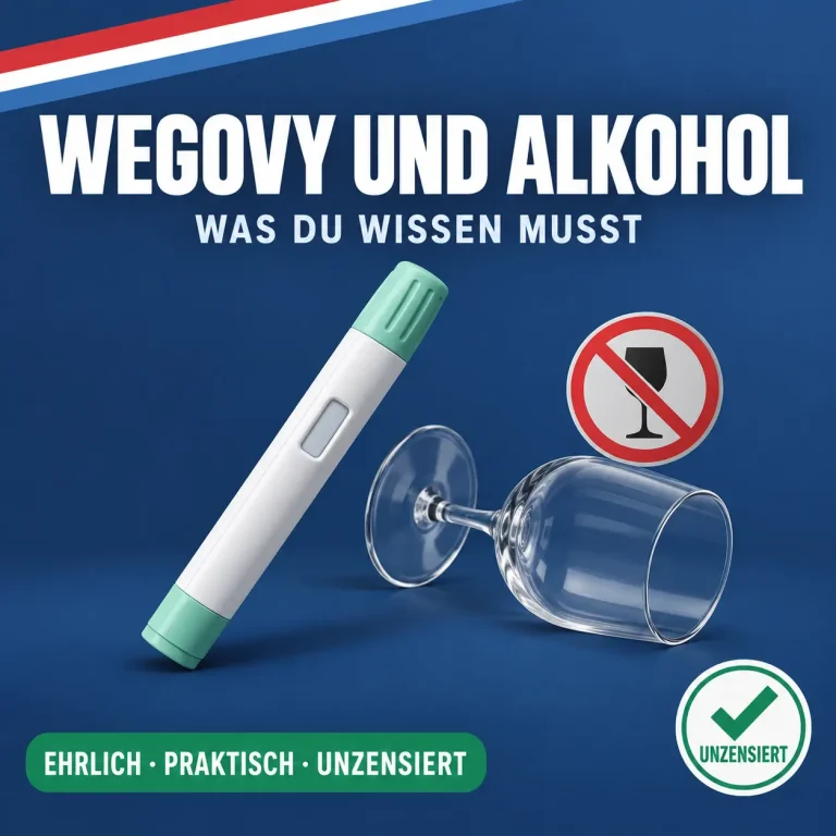 Wegovy und Alkohol: Injektionspen neben umgekipptem leerem Weinglas mit Verbotszeichen vor dunkelblauem Hintergrund