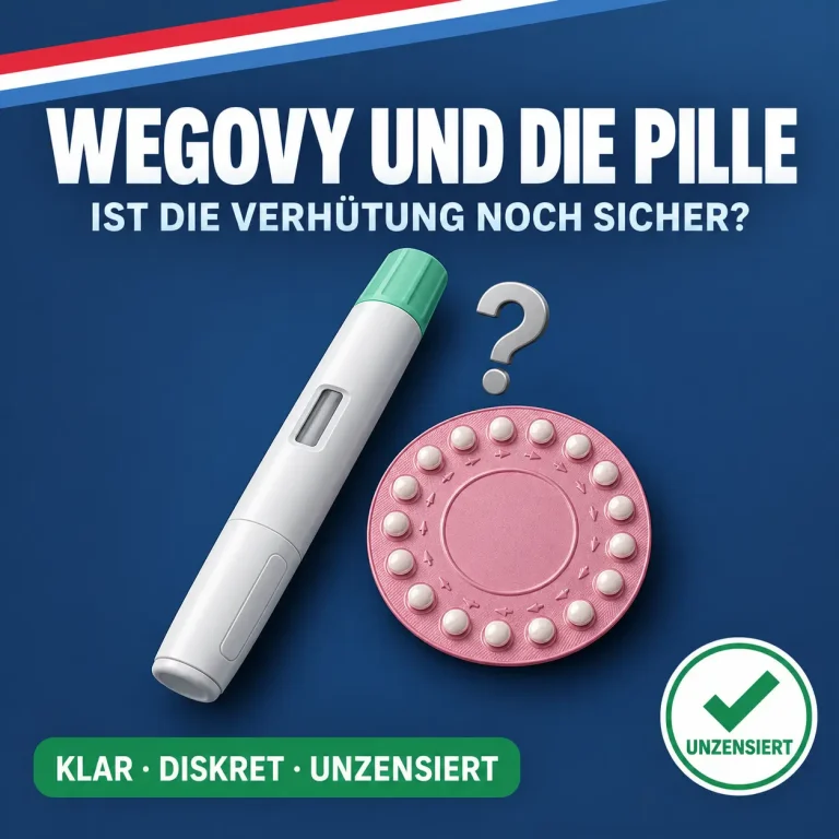 Wegovy und die Pille: Injektionspen neben rosafarbenem Pillenblister mit Fragezeichen vor dunkelblauem Hintergrund