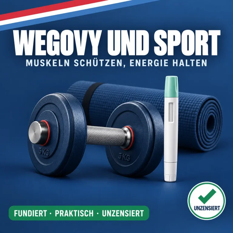 Wegovy und Sport: Kurzhantel neben Injektionspen und Trainingsmatte vor dunkelblauem Hintergrund