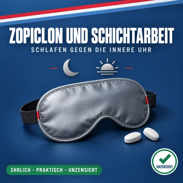 Zopiclon und Schichtarbeit: Schlafmaske mit zwei Tabletten, Halbmond und aufgehender Sonne vor dunkelblauem Hintergrund